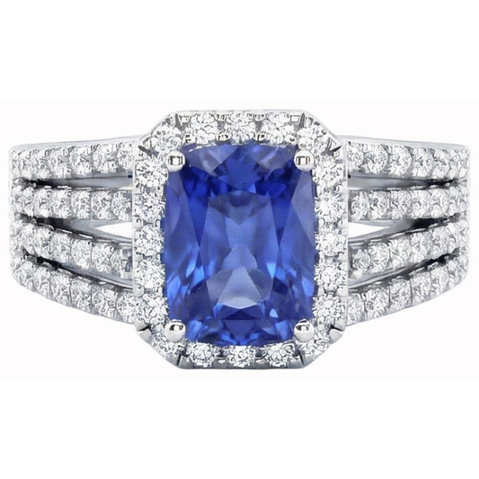 Anello con cuscino da 5,50 carati e zaffiro Ceylon rotondo con diamanti WG 14K
