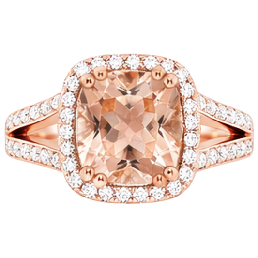 Anello con cuscino in Morganite e diamanti rotondi da 15 ct in oro rosa 14K