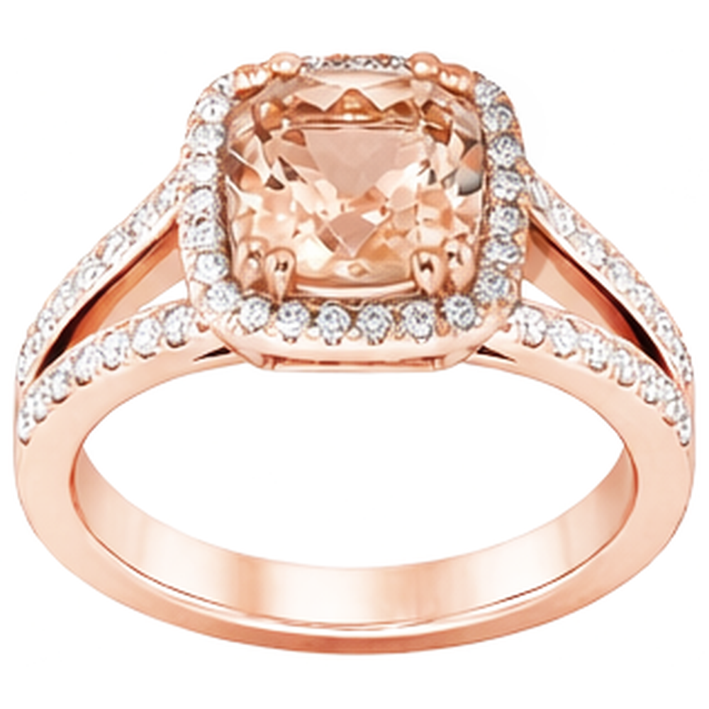 Anello con cuscino in Morganite e diamanti rotondi da 15 ct in oro rosa 14K