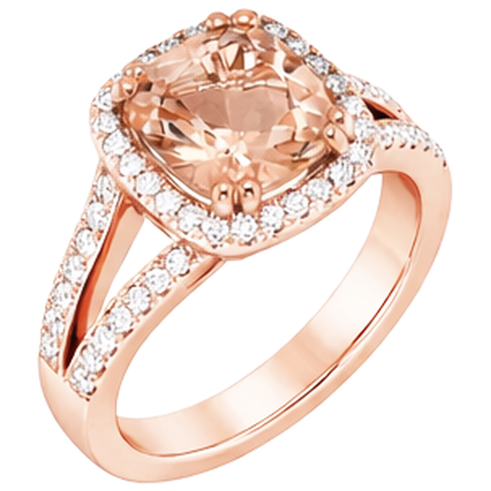 Anello con cuscino in Morganite e diamanti rotondi da 15 ct in oro rosa 14K