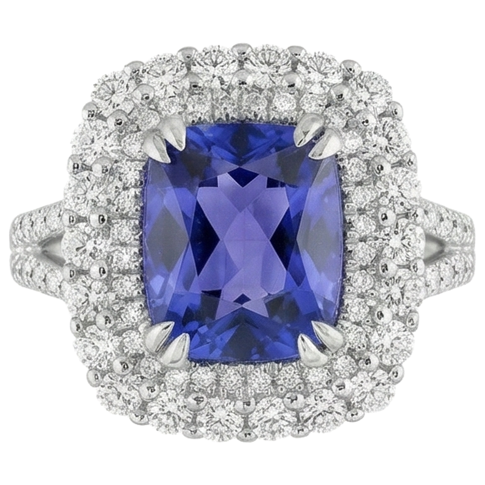 Anello con cuscino in tanzanite e diamanti da 9.50 ct in oro bianco 14K