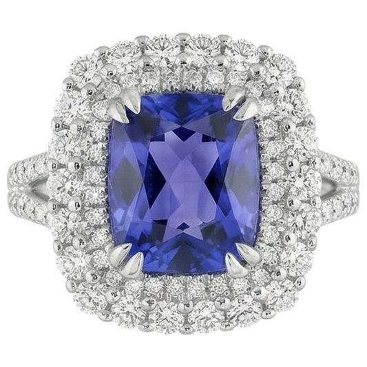 Anello con cuscino in tanzanite e diamanti da 9.50 ct in oro bianco 14K