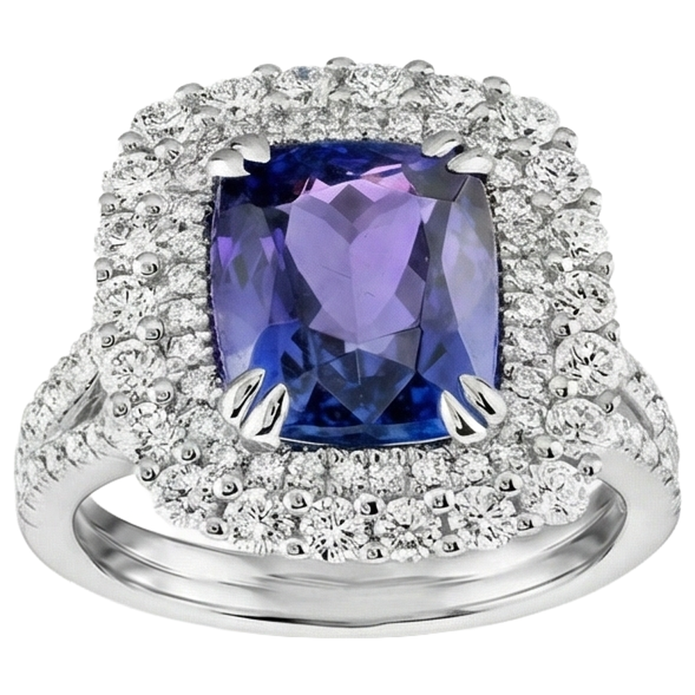 Anello con cuscino in tanzanite e diamanti da 9.50 ct in oro bianco 14K