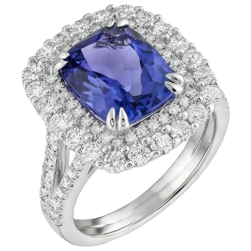 Anello con cuscino in tanzanite e diamanti da 9.50 ct in oro bianco 14K