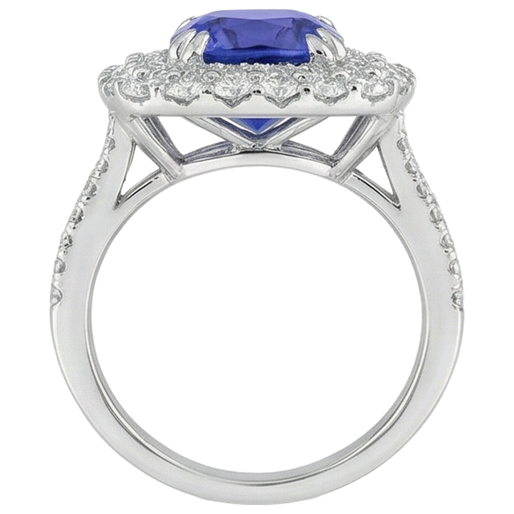 Anello con cuscino in tanzanite e diamanti da 9.50 ct in oro bianco 14K