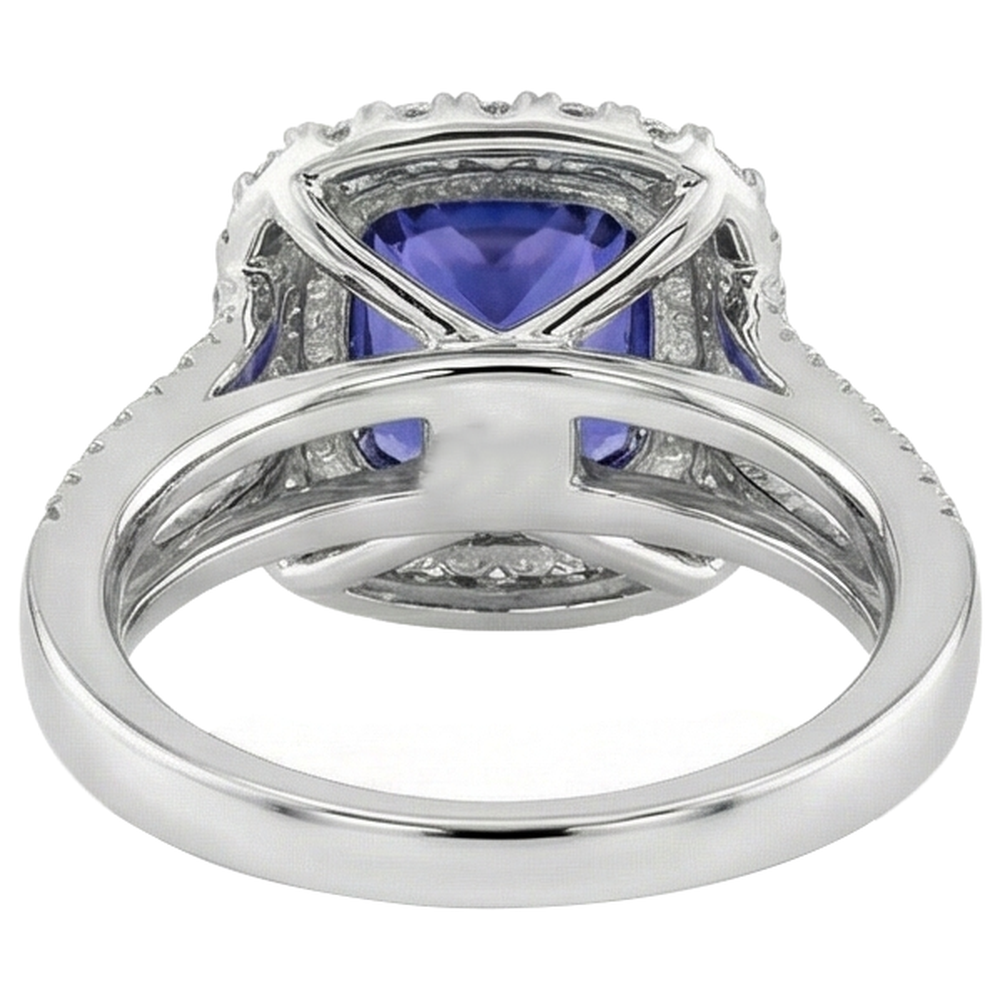 Anello con cuscino in tanzanite e diamanti da 9.50 ct in oro bianco 14K