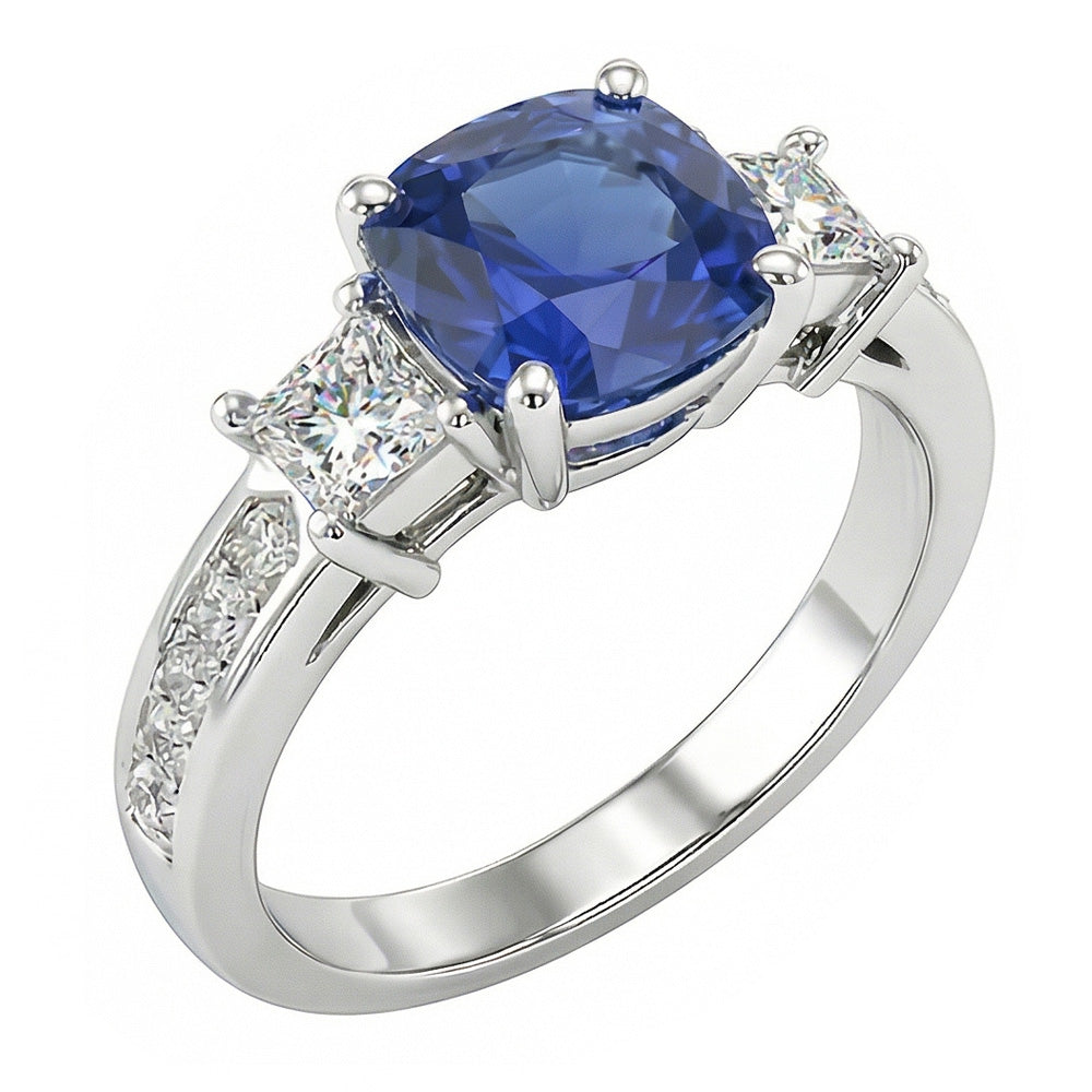 Anello con cuscino in zaffiro Princess Ceylon da 3 carati e diamante rotondo in oro bianco 14K
