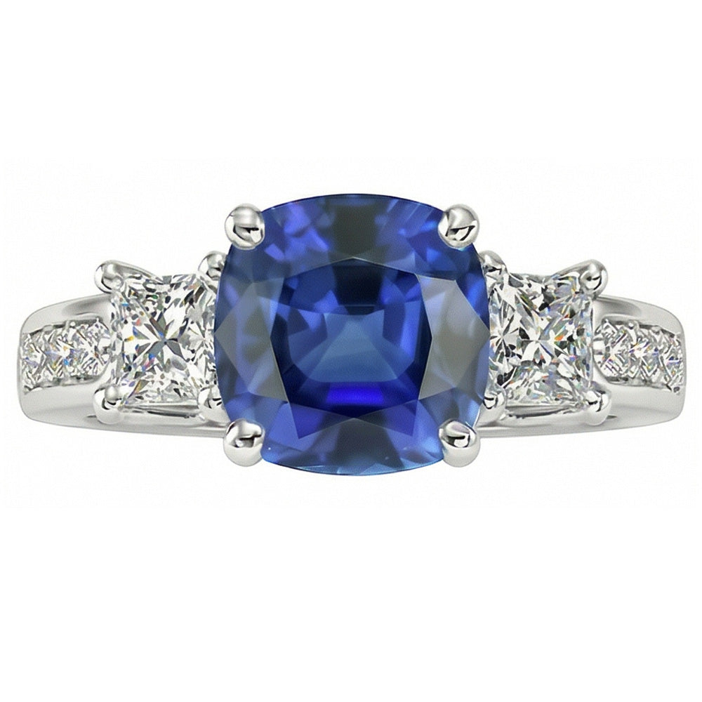 Anello con cuscino in zaffiro Princess Ceylon da 3 carati e diamante rotondo in oro bianco 14K