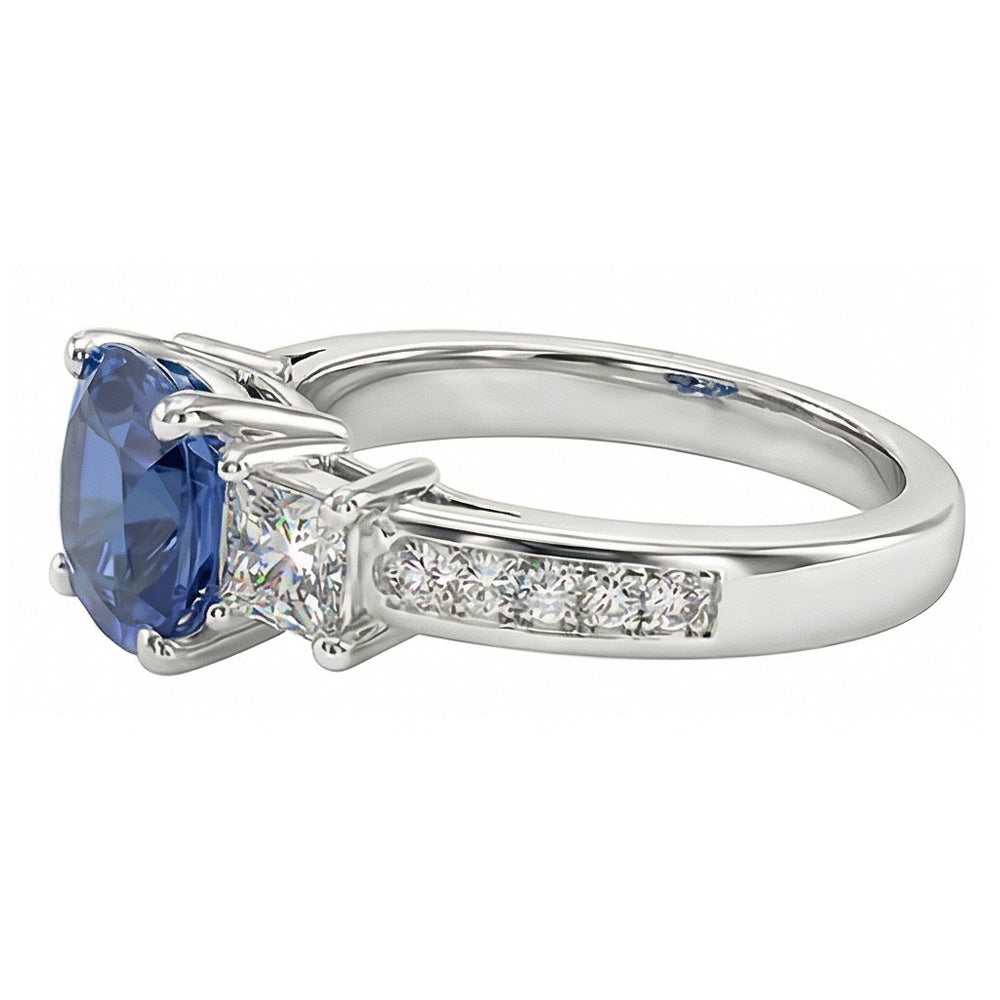 Anello con cuscino in zaffiro Princess Ceylon da 3 carati e diamante rotondo in oro bianco 14K