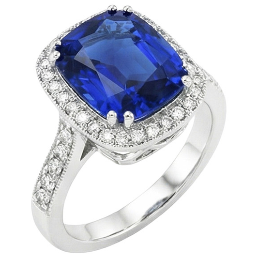 Anello con cuscino in zaffiro blu e diamanti a taglio rotondo da 4,55 carati WG 14K