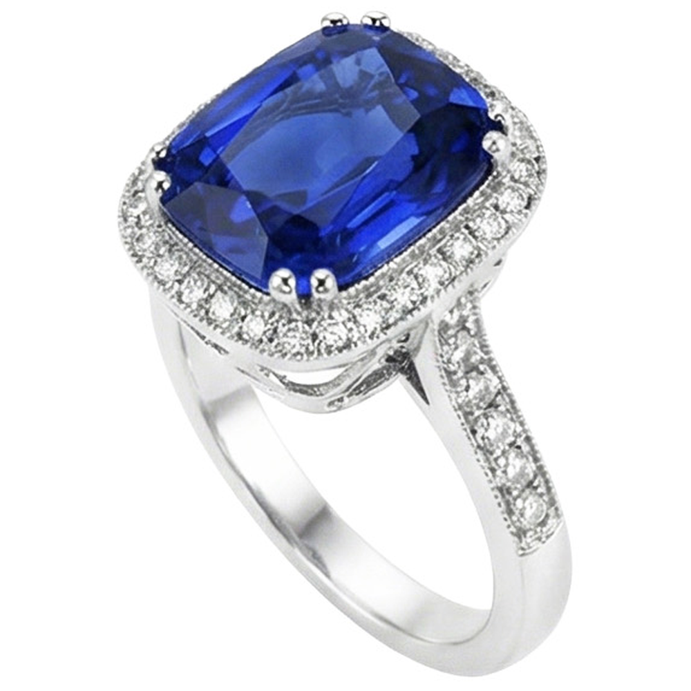Anello con cuscino in zaffiro blu e diamanti a taglio rotondo da 4,55 carati WG 14K