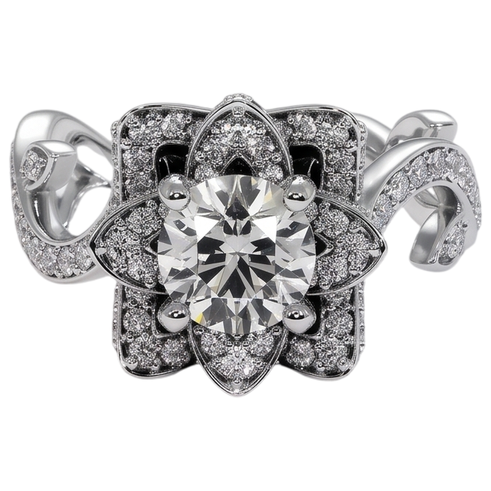 Anello con diamante Fiore di loto 2.50 carati con montatura a 4 griffe in oro bianco