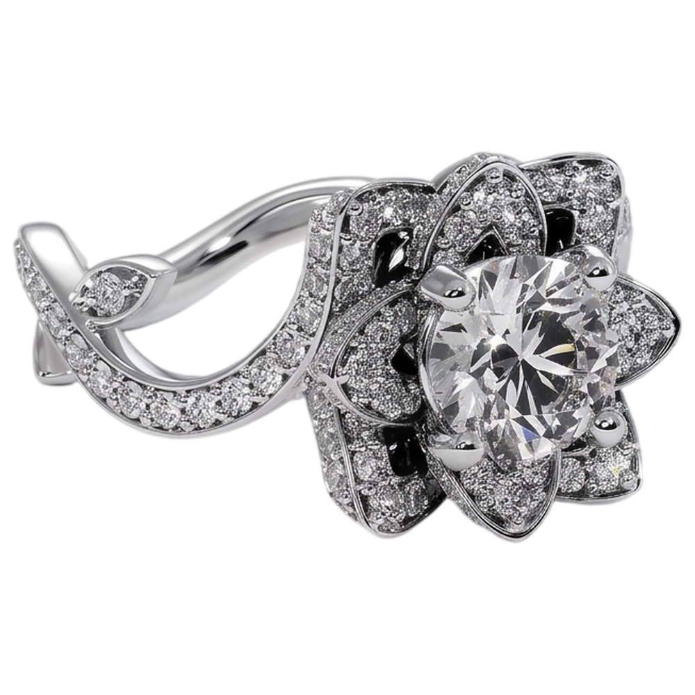 Anello con diamante Fiore di loto 2.50 carati con montatura a 4 griffe in oro bianco