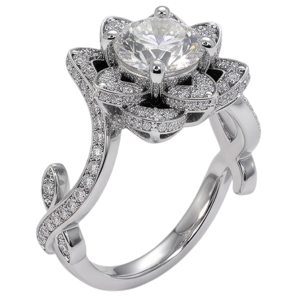 Anello con diamante Fiore di loto 2.50 carati con montatura a 4 griffe in oro bianco