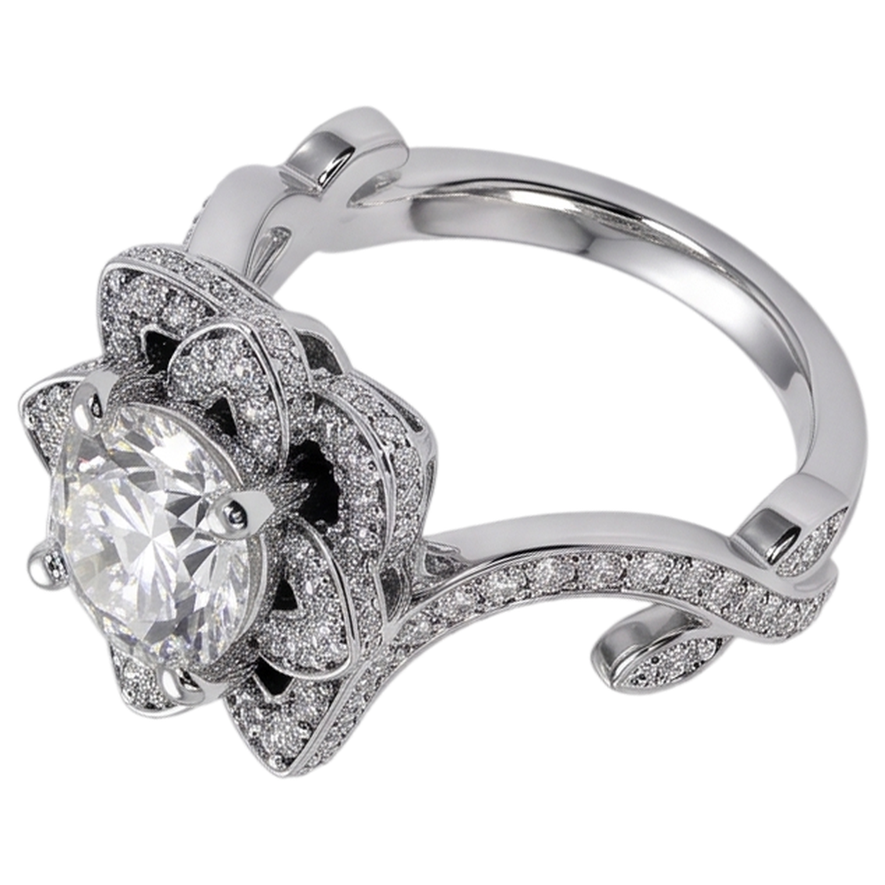 Anello con diamante Fiore di loto 2.50 carati con montatura a 4 griffe in oro bianco