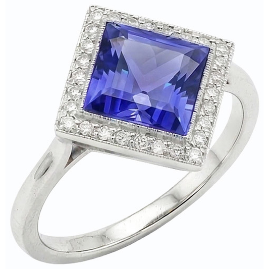 Anello con diamante Halo Princess Blue Sapphire Ring 3 carati stile piramide in oro