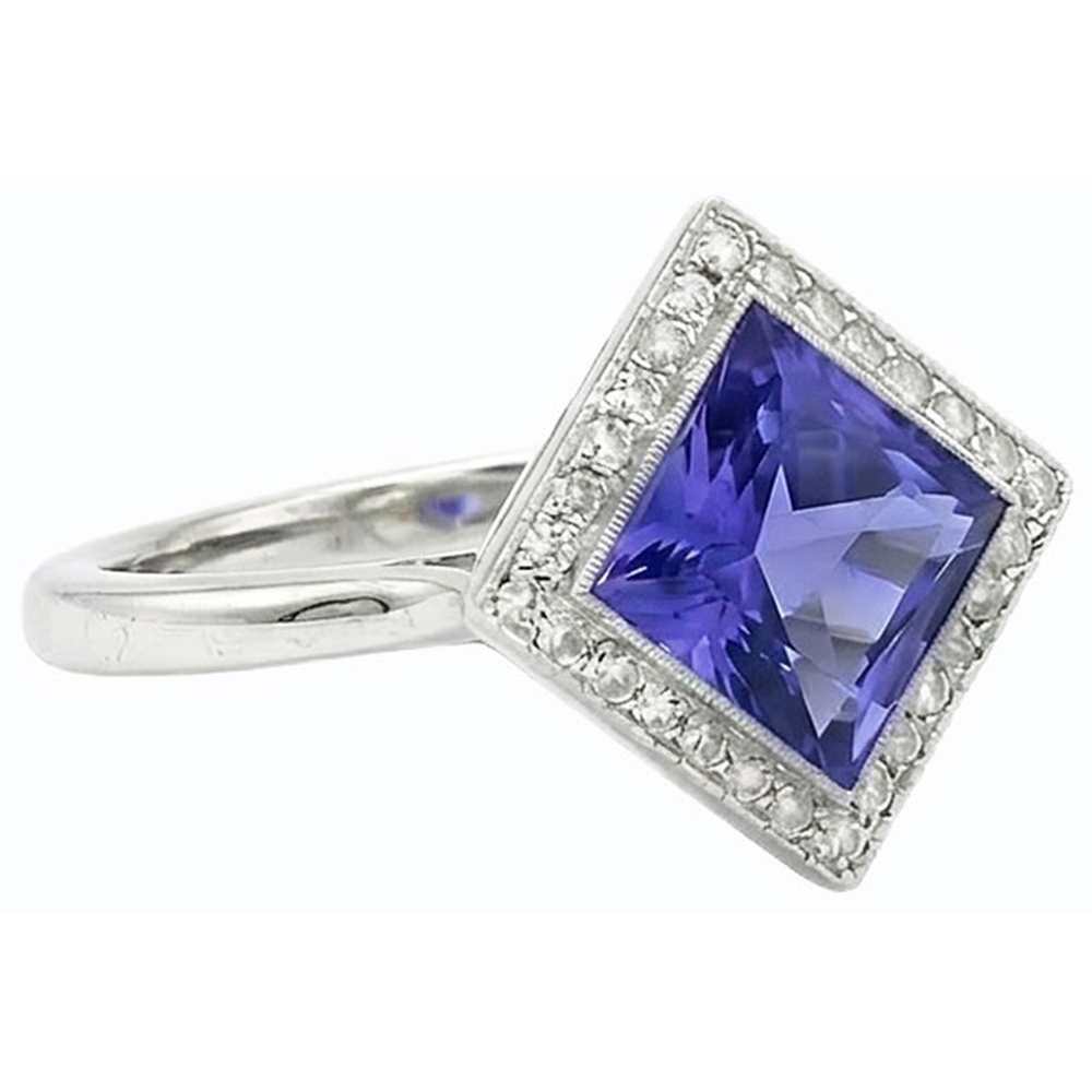 Anello con diamante Halo Princess Blue Sapphire Ring 3 carati stile piramide in oro