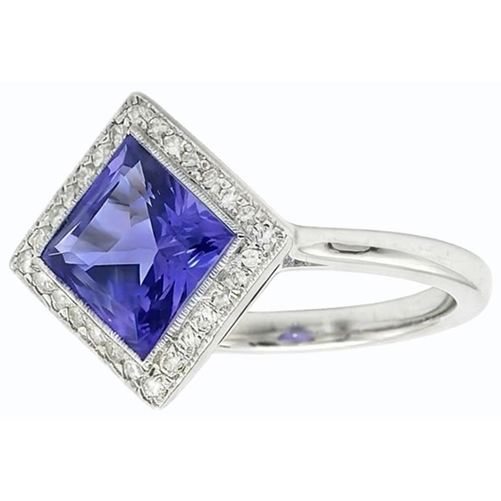 Anello con diamante Halo Princess Blue Sapphire Ring 3 carati stile piramide in oro