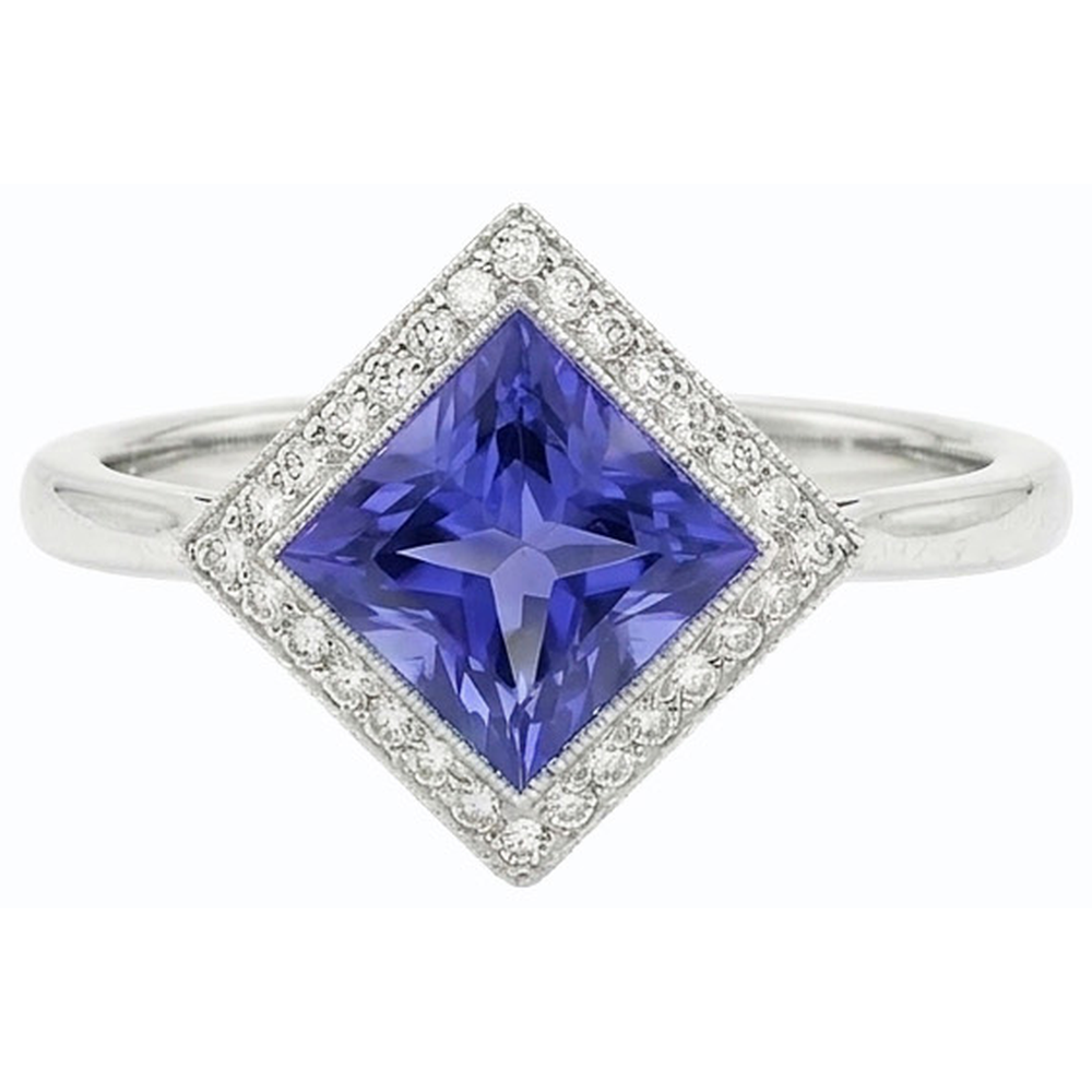 Anello con diamante Halo Princess Blue Sapphire Ring 3 carati stile piramide in oro