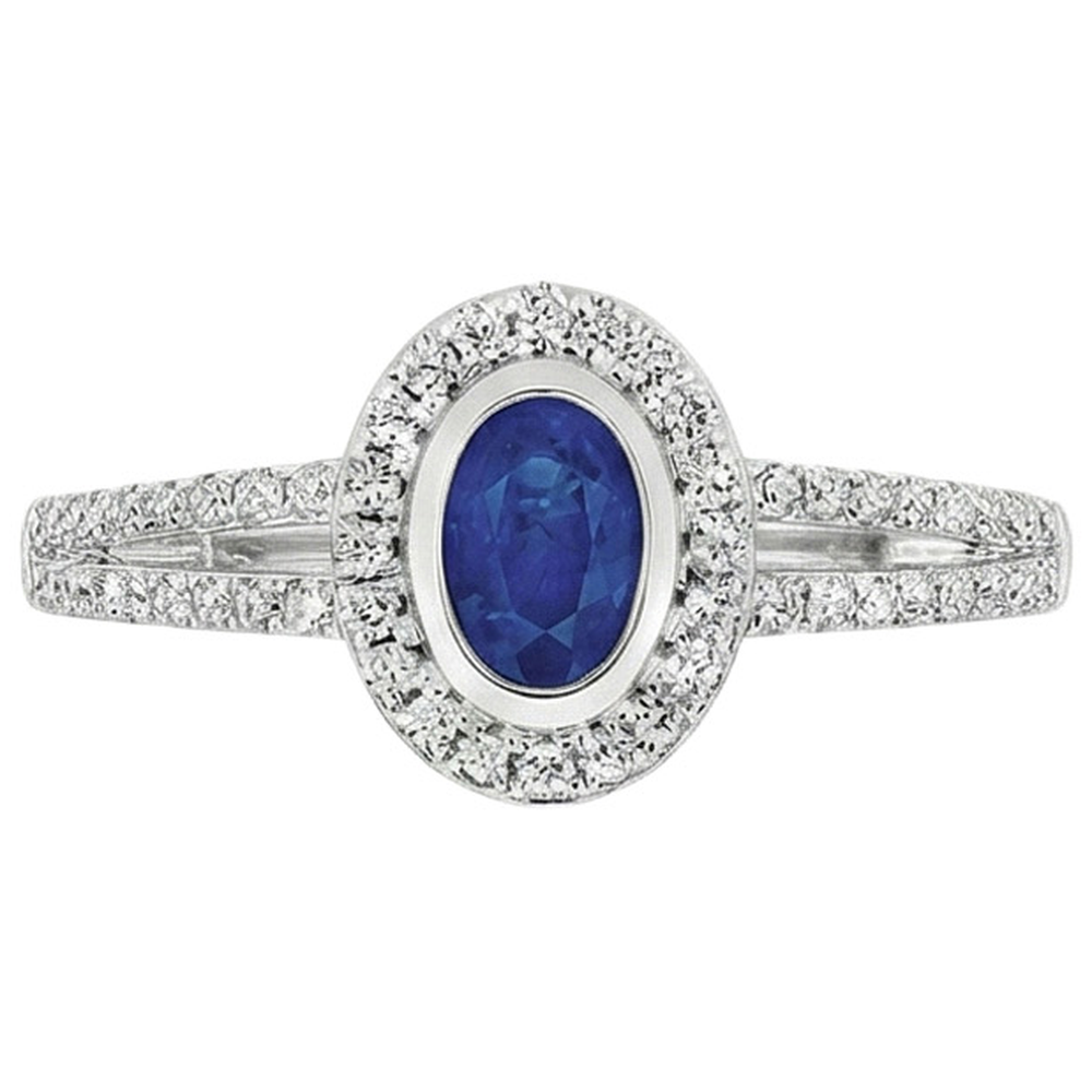 Anello con diamante Halo Set di castoni con zaffiro ovale di Ceylon 2.50 carati