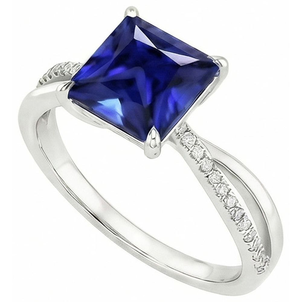 Anello con diamante Halo Zaffiro Ceylon 5.50 carati Princess con accenti