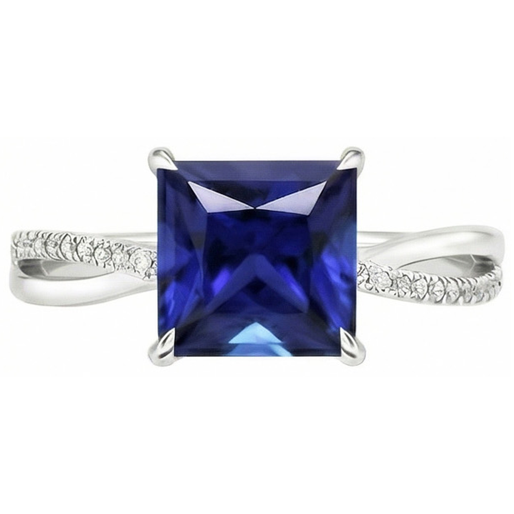 Anello con diamante Halo Zaffiro Ceylon 5.50 carati Princess con accenti