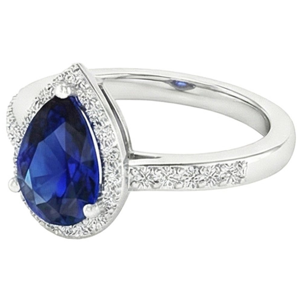 Anello con diamante Halo Zaffiro dello Sri Lanka taglio pera 3.75 carati