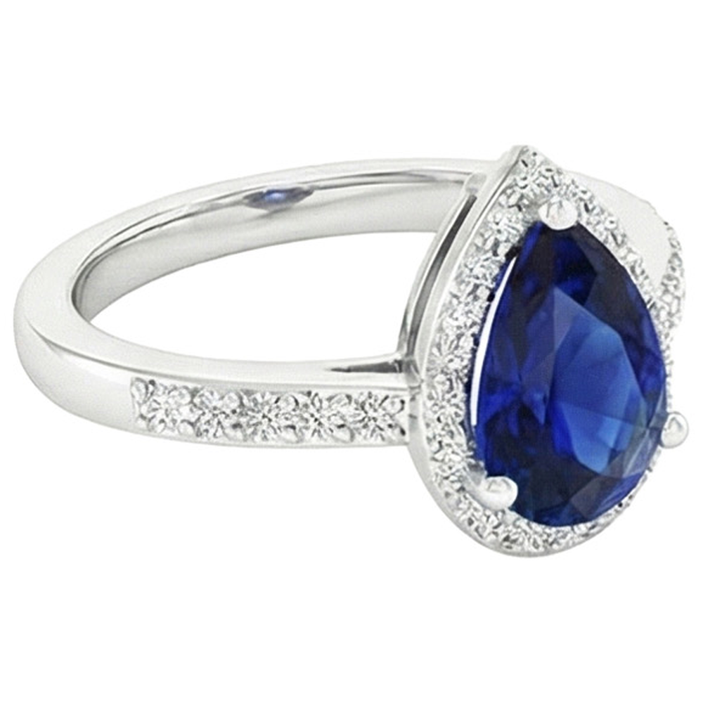 Anello con diamante Halo Zaffiro dello Sri Lanka taglio pera 3.75 carati