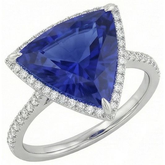 Anello con diamante Halo a forma di trilioni di zaffiro blu profondo 4 carati
