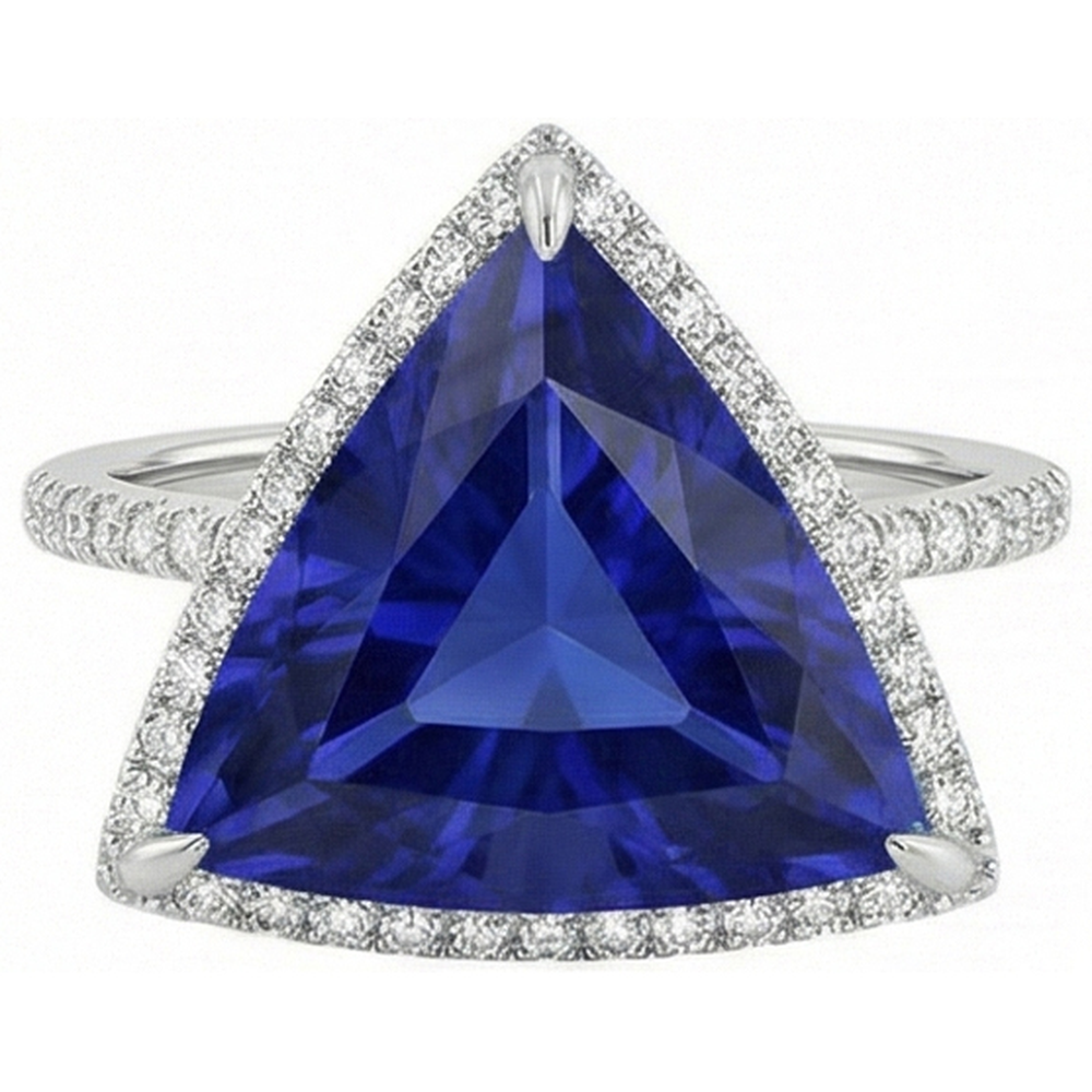Anello con diamante Halo a forma di trilioni di zaffiro blu profondo 4 carati