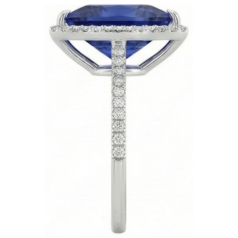 Anello con diamante Halo a forma di trilioni di zaffiro blu profondo 4 carati