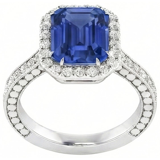Anello con diamante Halo e smeraldo blu zaffiro con 4 carati incastonato Milgrain