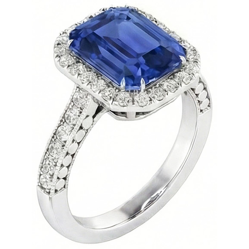 Anello con diamante Halo e smeraldo blu zaffiro con 4 carati incastonato Milgrain