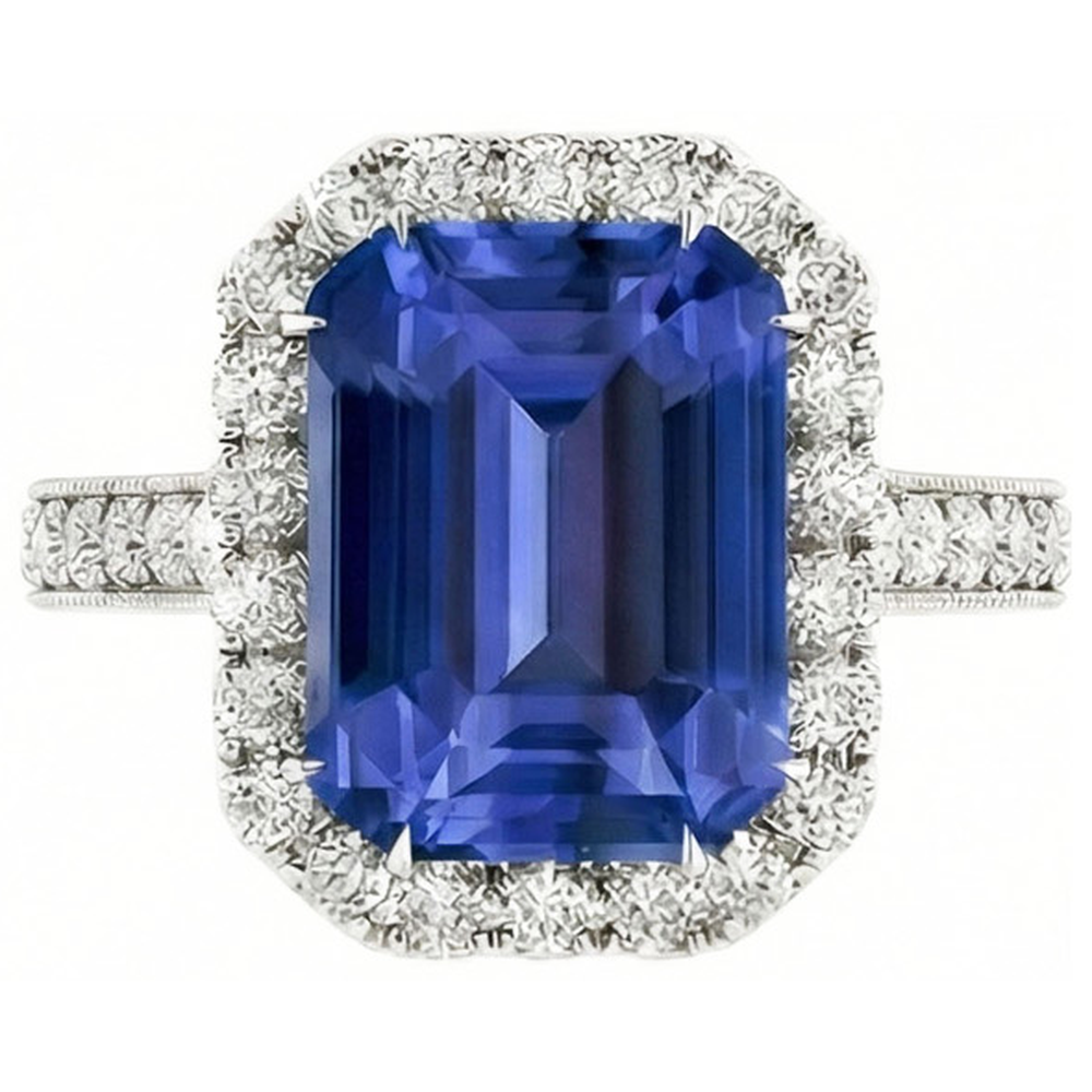 Anello con diamante Halo e smeraldo blu zaffiro con 4 carati incastonato Milgrain