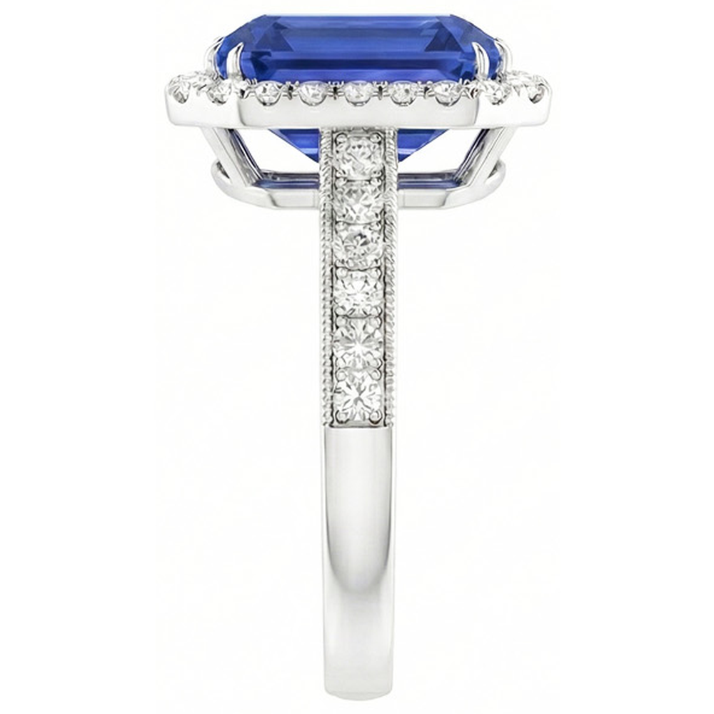 Anello con diamante Halo e smeraldo blu zaffiro con 4 carati incastonato Milgrain
