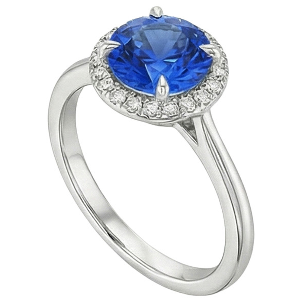 Anello con diamante Halo in oro bianco con zaffiro di Ceylon incastonato 2.50 carati