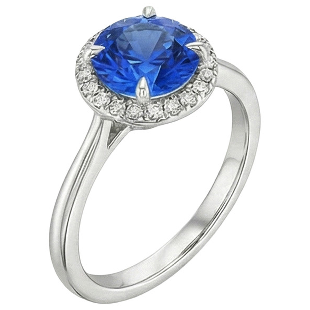 Anello con diamante Halo in oro bianco con zaffiro di Ceylon incastonato 2.50 carati