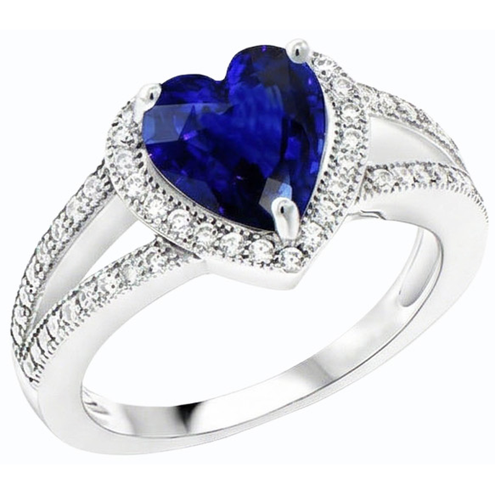 Anello con diamante a forma di cuore in zaffiro blu con gambo diviso 4 carati