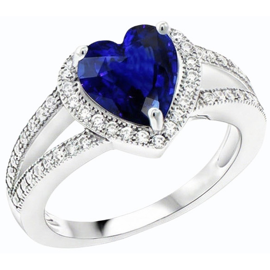 Anello con diamante a forma di cuore in zaffiro blu con gambo diviso 4 carati