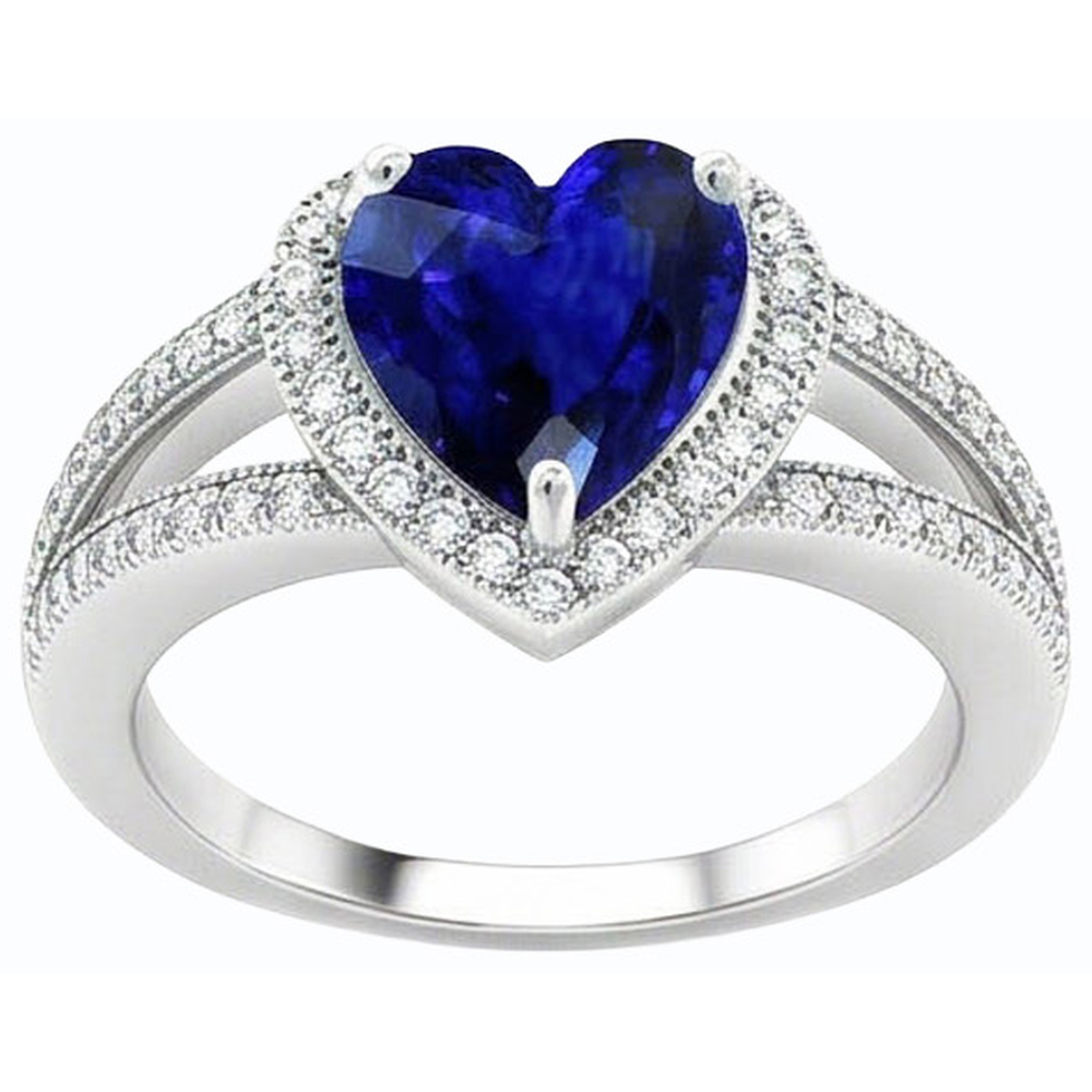 Anello con diamante a forma di cuore in zaffiro blu con gambo diviso 4 carati