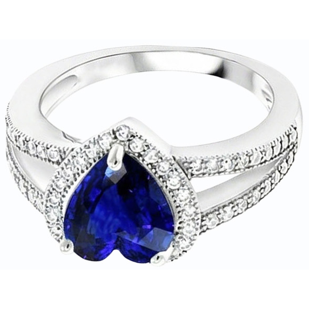 Anello con diamante a forma di cuore in zaffiro blu con gambo diviso 4 carati