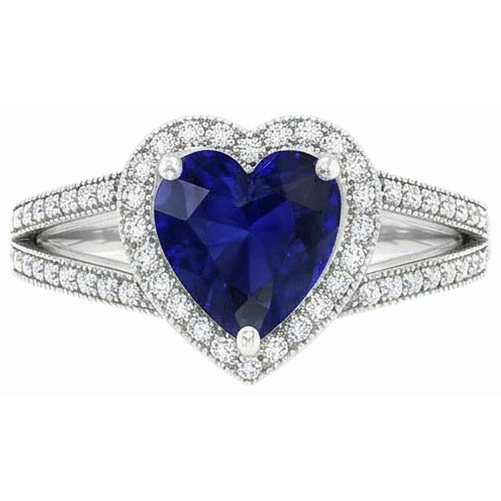 Anello con diamante a forma di cuore in zaffiro blu con gambo diviso 4 carati