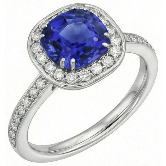 Anello con diamante aureola cuscino zaffiro blu 3 carati oro bianco 14K