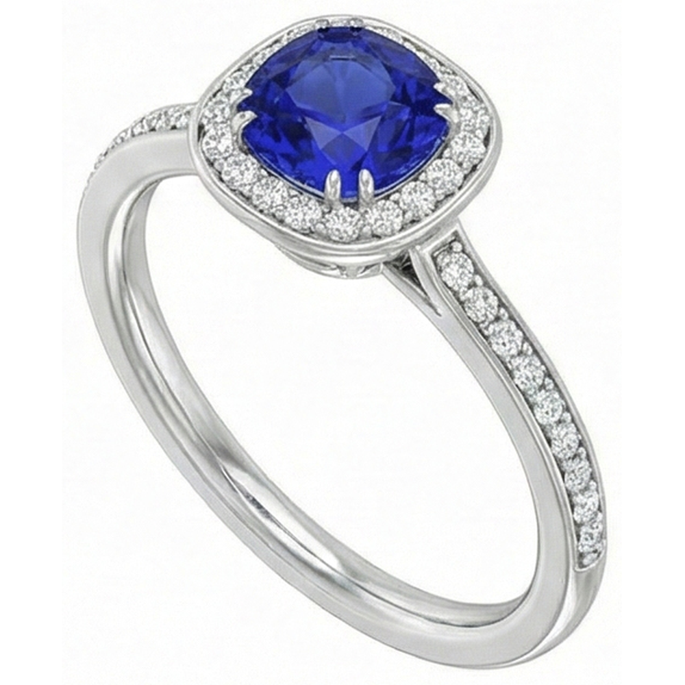 Anello con diamante aureola cuscino zaffiro blu 3 carati oro bianco 14K