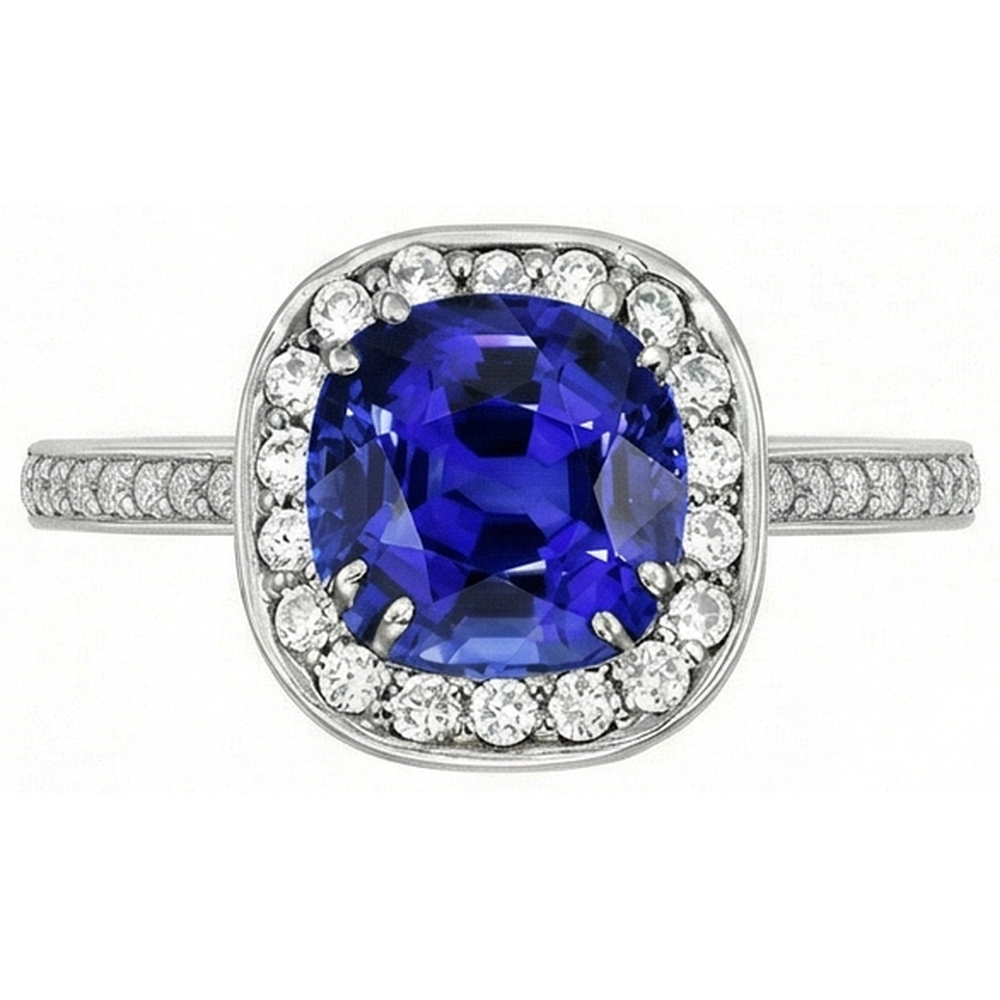 Anello con diamante aureola cuscino zaffiro blu 3 carati oro bianco 14K