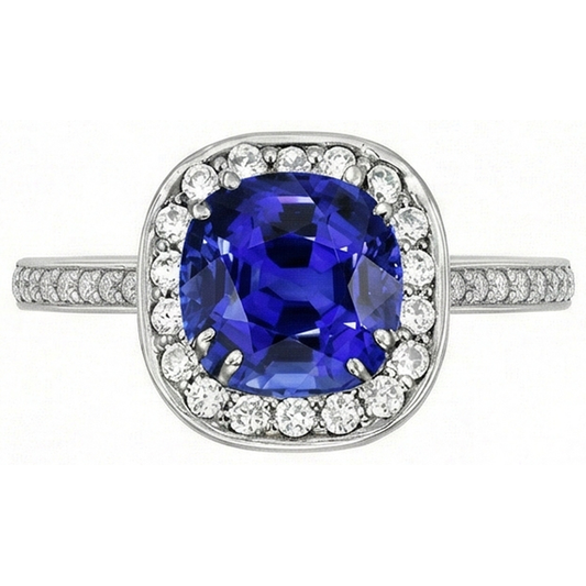 Anello con diamante aureola cuscino zaffiro blu 3 carati oro bianco 14K