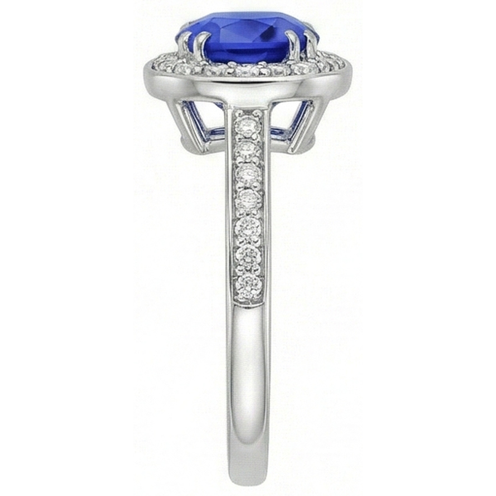 Anello con diamante aureola cuscino zaffiro blu 3 carati oro bianco 14K