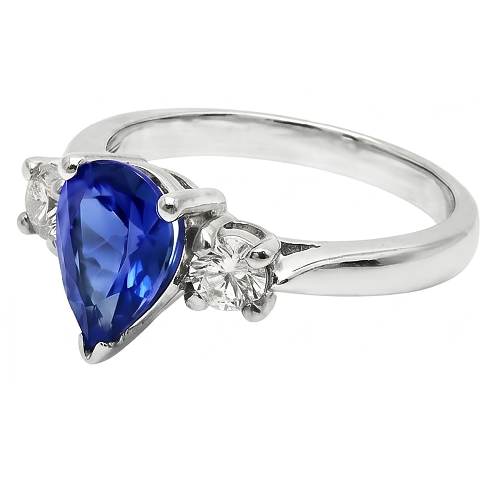 Anello con diamante da 4,20 carati e zaffiro di Ceylon a forma di pera, gioielli in oro bianco 14K