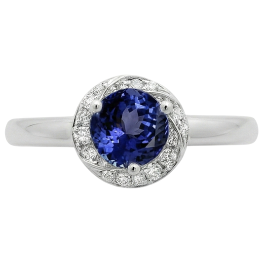Anello con diamante fantasia in tanzanite con centro rotondo da 2.25 carati Nuovo