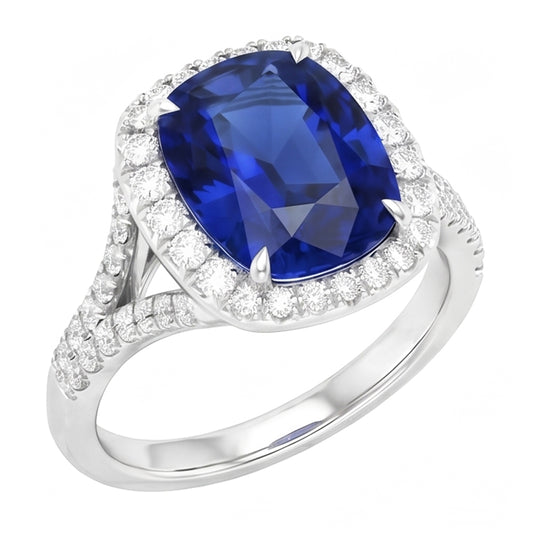 Anello con diamante ovale con zaffiro blu Halo 5.50 carati con gambo diviso pavé